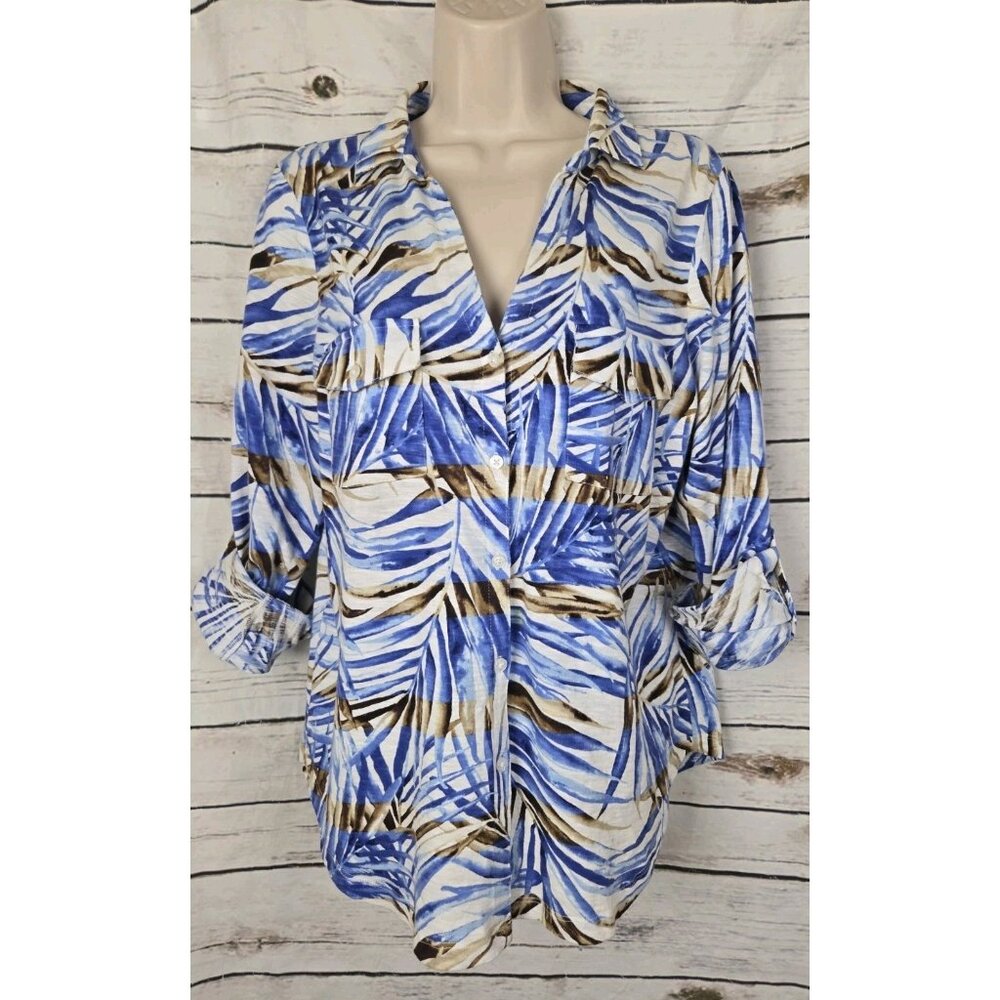 Tommy Bahama Blue Tropical Floral Top L Hawaiian Knit Button Cotton Roll Sleeve